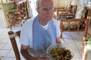 David eats a big bowl of leftover salad for breakfast.