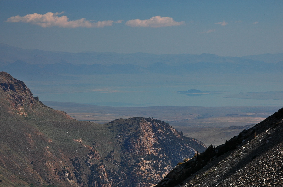 Mono Lake can be seen through the haze.