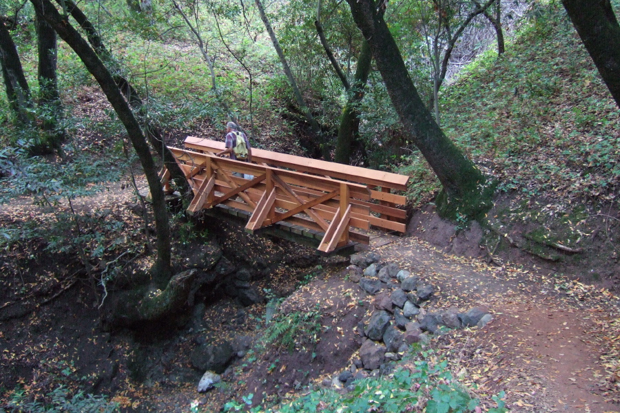 Crossing a new bridge over Randol Creek