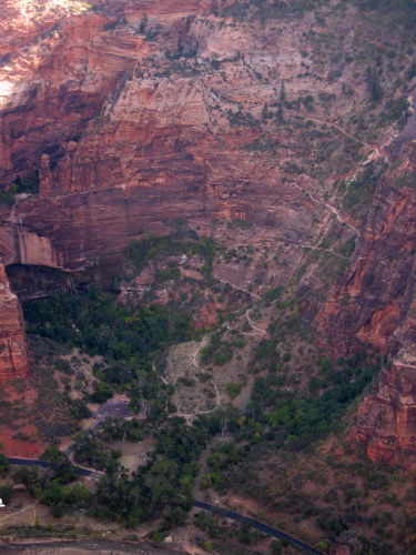 East Rim Trail zig-zagging up the canyon wall from the Weeping Rock parking area.