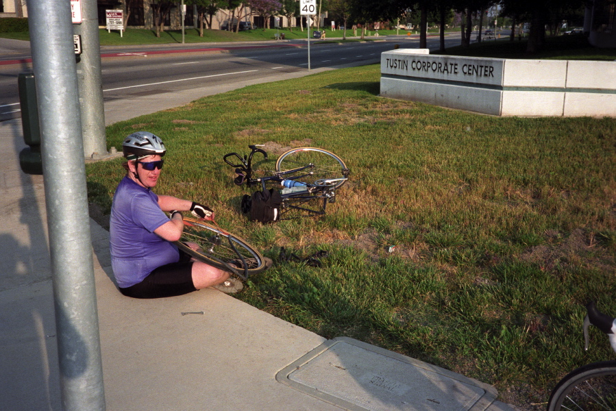Chris fixes a flat.