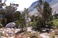 David hiking up the use trail alongside the creek flowing from the Conness Lakes.
