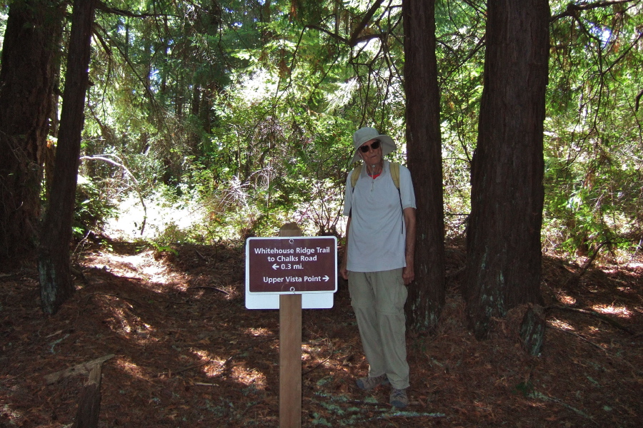 David waits at the trail sign.