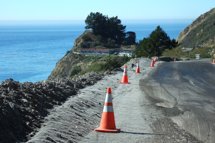 One last view of the Lucia Lodge perched on the hillside from a construction zone on the highway.
