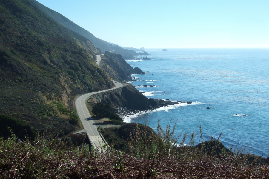View down to CA1 crossing Mill Creek and south, while we climb Nacimiento-Ferguson Rd.