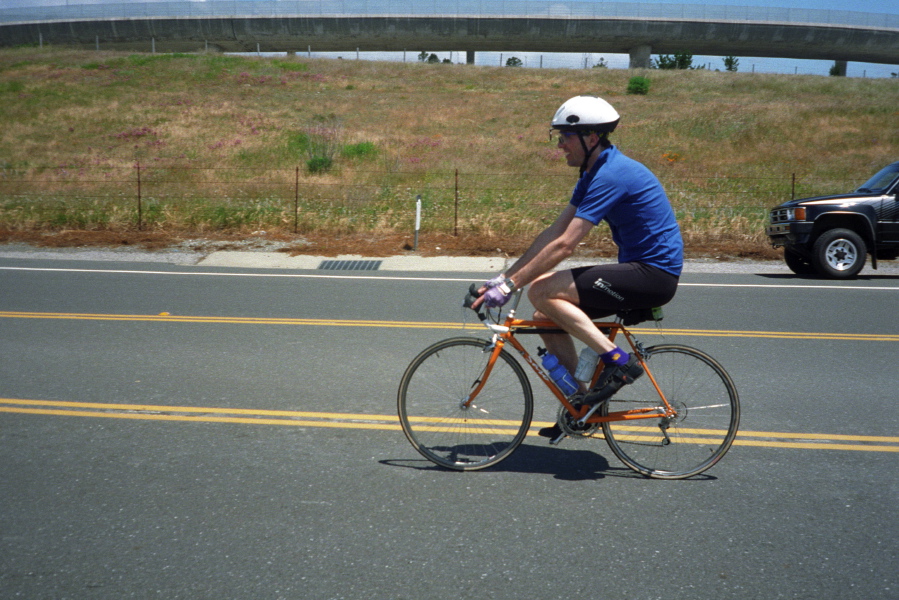 Bill takes a short ride on Stella's bike.