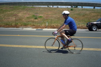 Bill takes a short ride on Stella's bike.