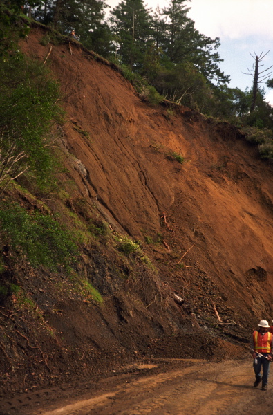 Workers at the top and bottom of the slide