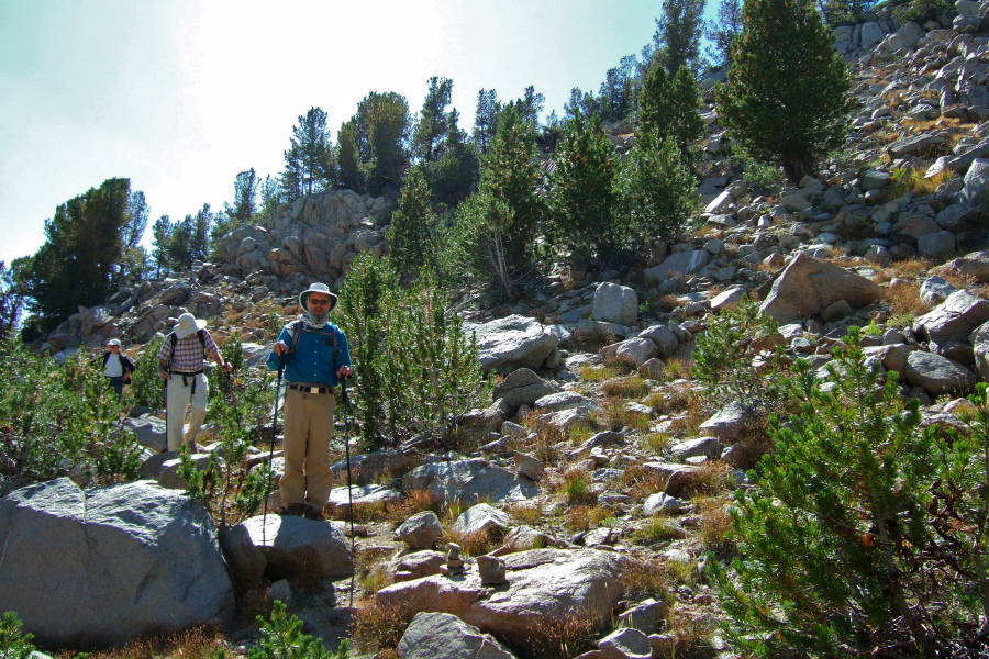 Stella, David, and Frank start heading down to Chocolate Lakes.