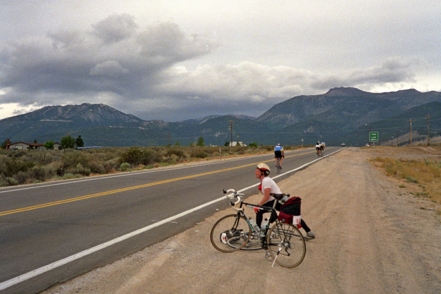 Chris stops to stretch on the Mt. Rose Highway.