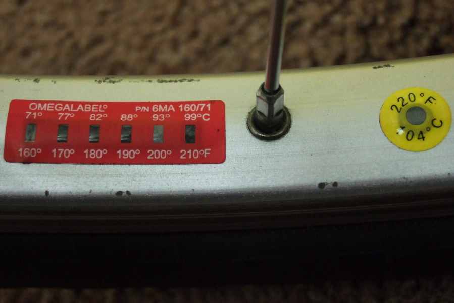 Front rim maximum temperature from descending north side of Hicks Rd.