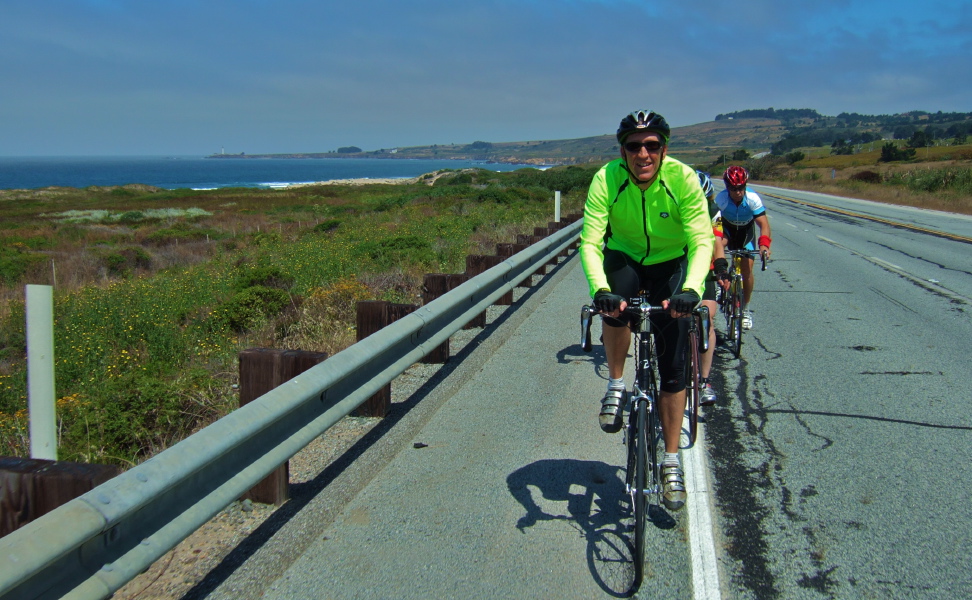 Steve Prothero leads the group down CA1 south of Gazos Creek Rd.
