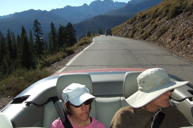 Stella and David enjoy the view while traveling over the Sierra Crest.