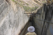 Descending the long staircase.