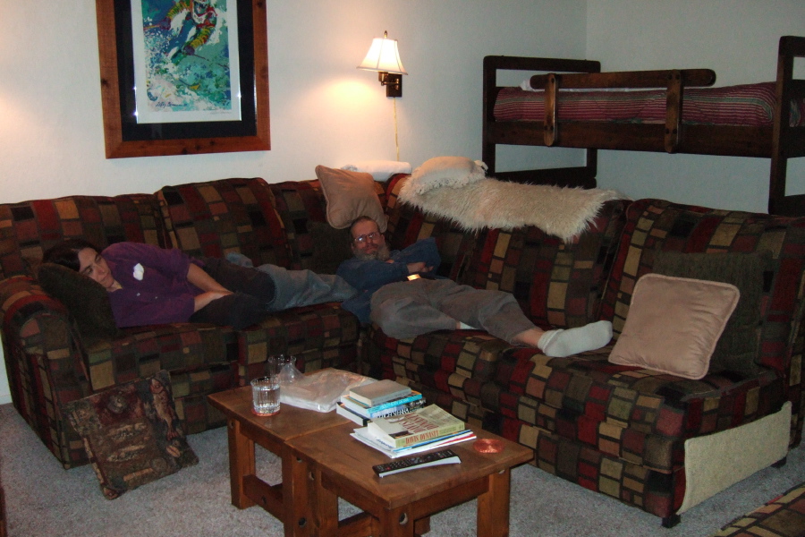 Stella and Frank crash on the sofa after dinner.