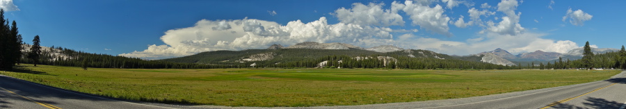 Thunderclouds hover in the background over a green Tuolumne Meadows.