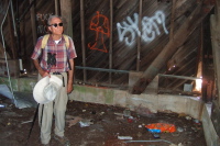 David models the trash on the ground floor of the tower.