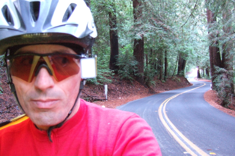 Checking my mirror while starting the climb up Pinehurst Rd.