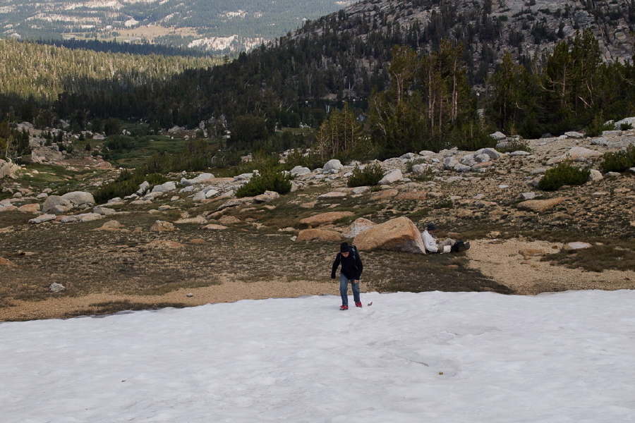 Stella begins her climb up the snow while David settles in for a long rest.