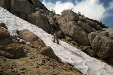 Frank finds his spikes slipping at about this point, about 25 degree slope