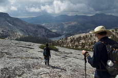 Stella leads the way down the slabs to Cathedral Lake.