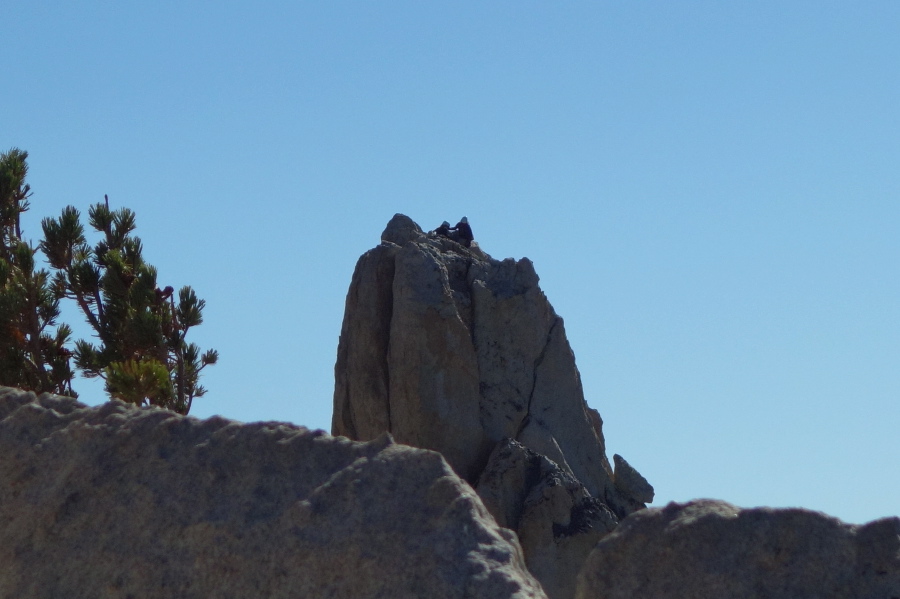 Two climbers reach the summit of Eichorn Pinnacle.