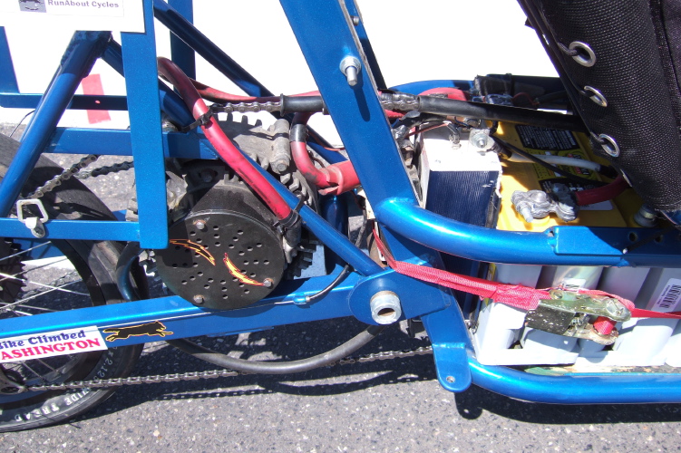 Josh's trike showing motor, controller, and batteries.