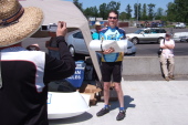 Bill accepts his door prize, a Mueller Windwrap fairing.