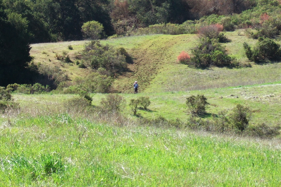 Frank espies me through his monocular from the Hayfield Trail.