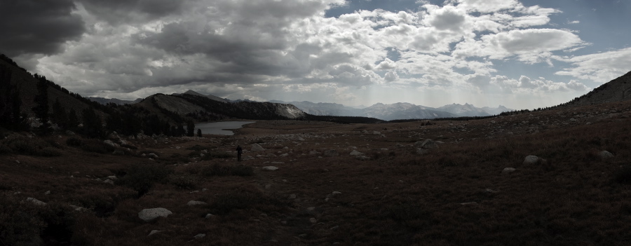 We make our way down to Gaylor Lake under thickening clouds.