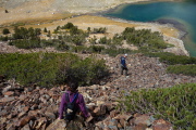 Bogdan and Pauline work their way down the remaining talus to the lake.