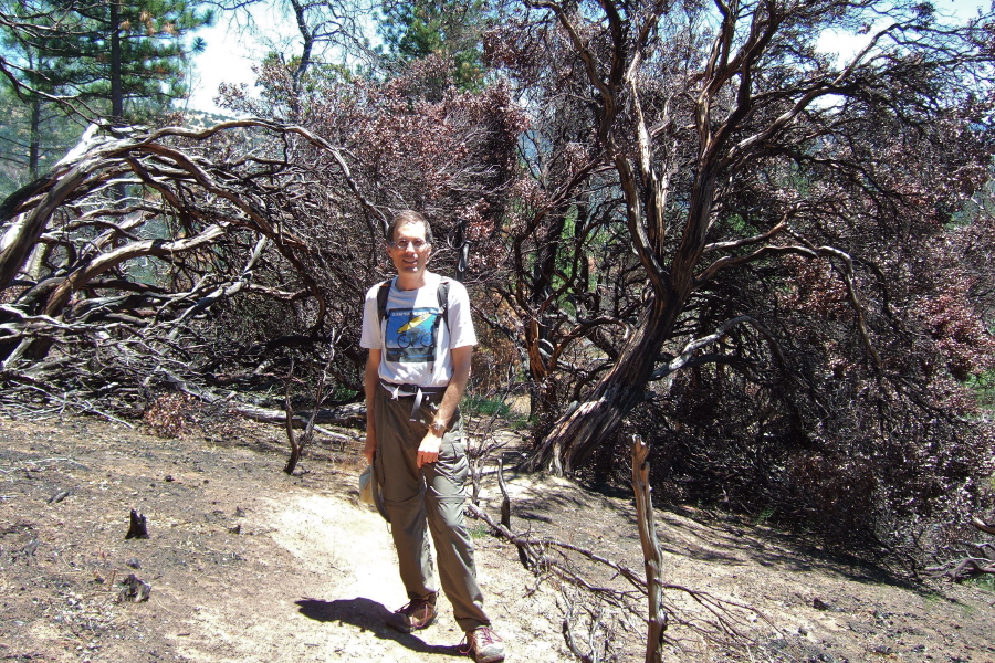 Bill B. stands before fire-blackened manzanita trees.