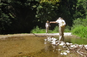 David attempts the crossing without sticks.