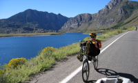 Zach Kaplan (foreground) and Ron Bobb (extreme right) ride past Grant Lake (7131ft).