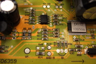Interior of controller showing a replaced R12 to give a 20v cutoff.