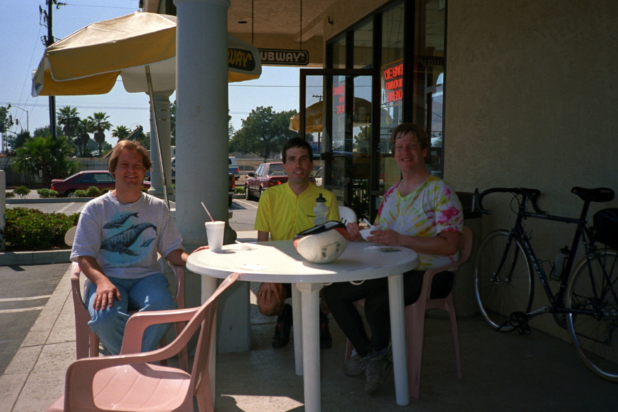 Victor Romano, Bill, and Chris take lunch at a Subway Sandwich in Solana Beach.