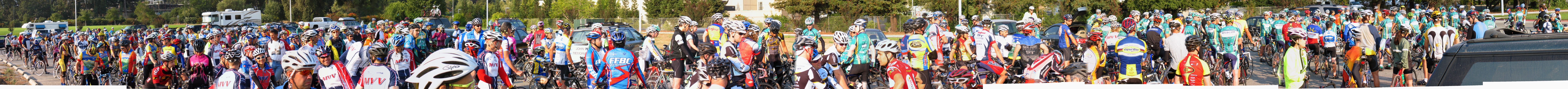 Zoomed panorama of cyclists waiting at the VA.