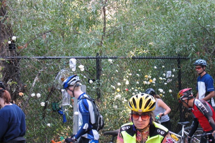 Leaving flowers at the roadside memorial.