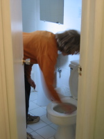 Cleaning the toilet seat in our hotel room.