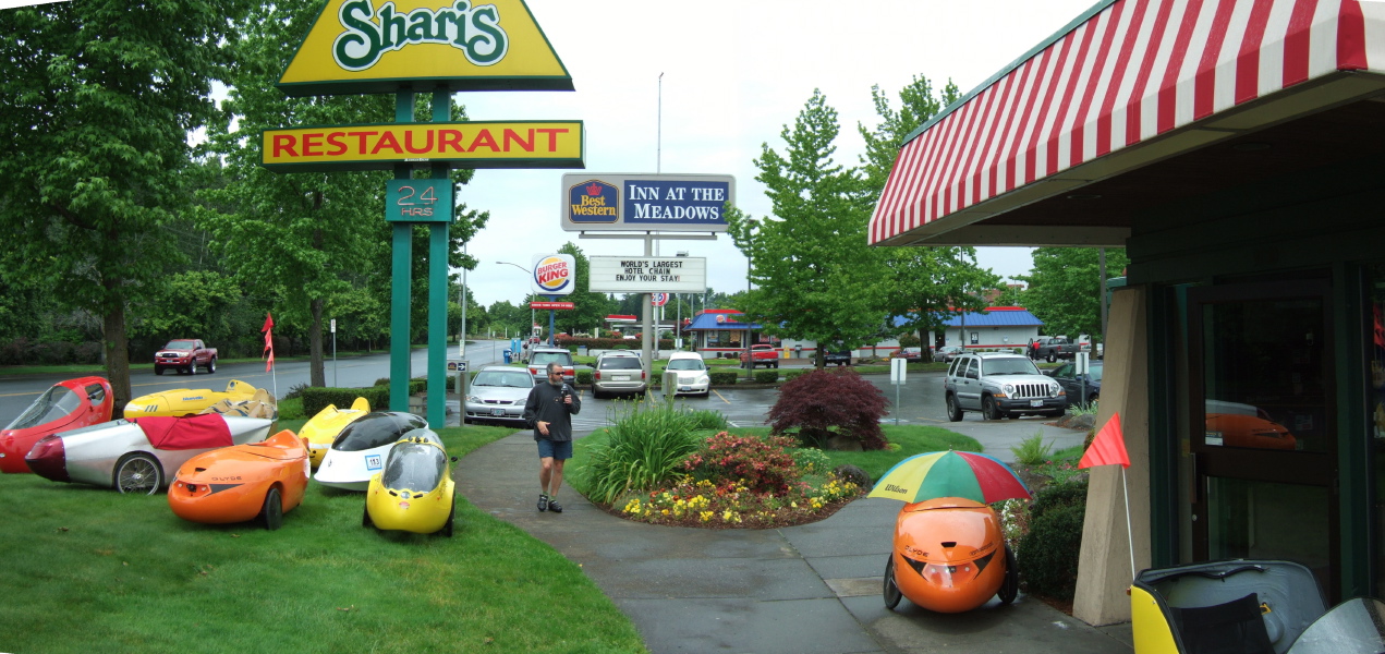 Velomobiles parked at Sharis Restaurant.