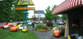 Velomobiles parked at Sharis Restaurant.