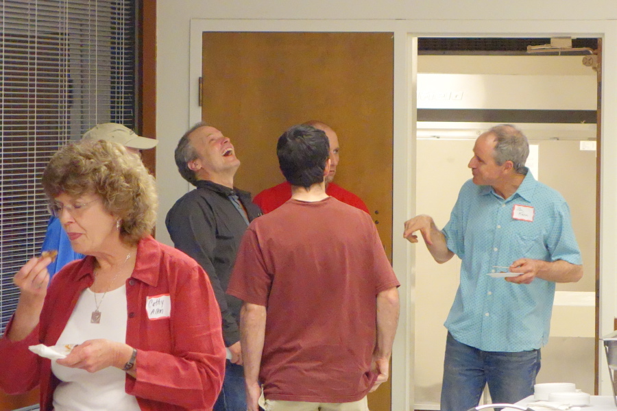 Tim Woudenberg (guffawing), ? (back to camera), Graham Pollock, and Jim Kern