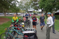 Zach meets Barb McQuinn (GPC jersey), who rode to the event.  With her is Ann Klein (red & white jersey).