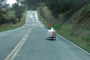 Greg Thomas heads up into Dry Lake Valley on his Carbon Quest velomobile.
