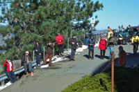The finish line crew enjoy the sunshine.