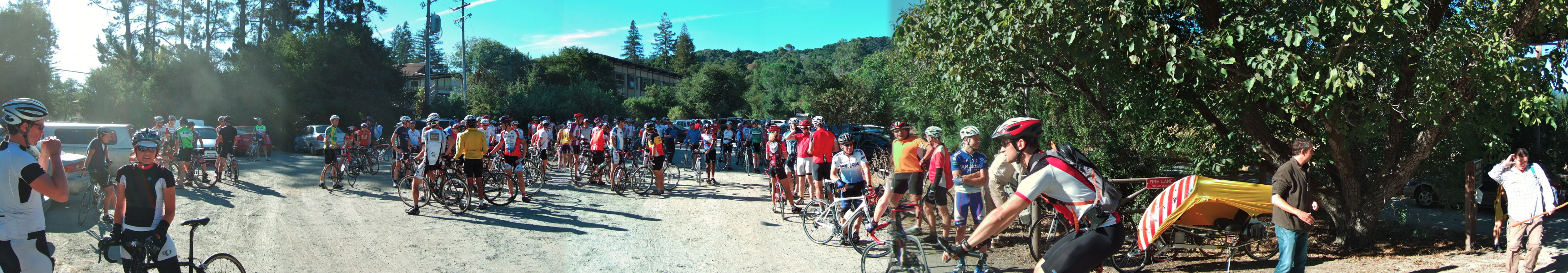 Panorama of the gathering area at the Windy Hill trailhead parking
