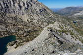 My plan was to descend diagonally across the west face of Lookout Peak, heading for the outlet of Ruby Lake. Our prior failed attempts to climb this peak started from the northeast side where we found the terrain too steep or loose.
