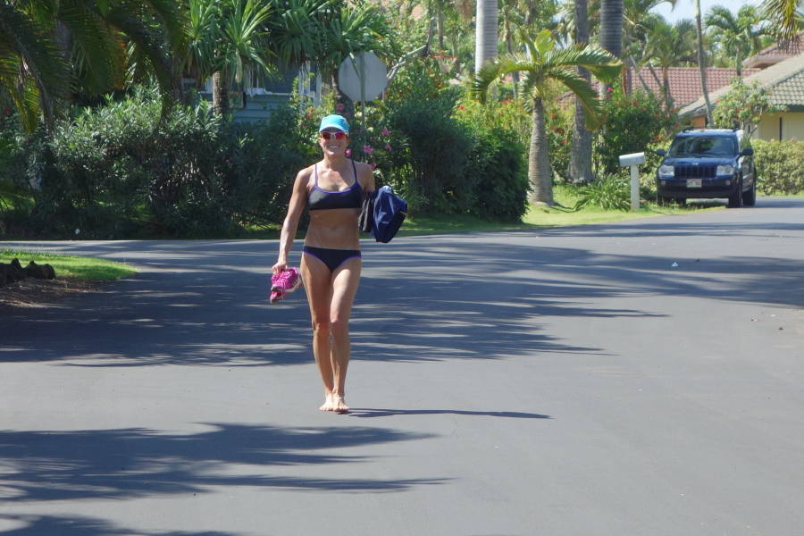And then walks back to the house in bare feet.