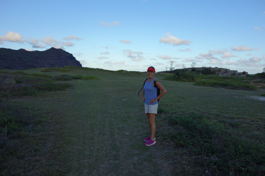 Crossing the golf-course-like meadow near Kamala Point.