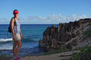 Laura models the sandstone pillars on Makawehi Point.
